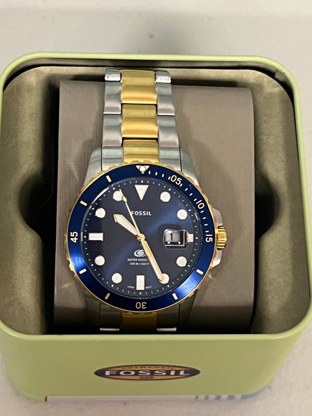 NIB Fossil FS6034 Blue Dive Two-Tone Steel 10ATM Waterproof Men’s Watch